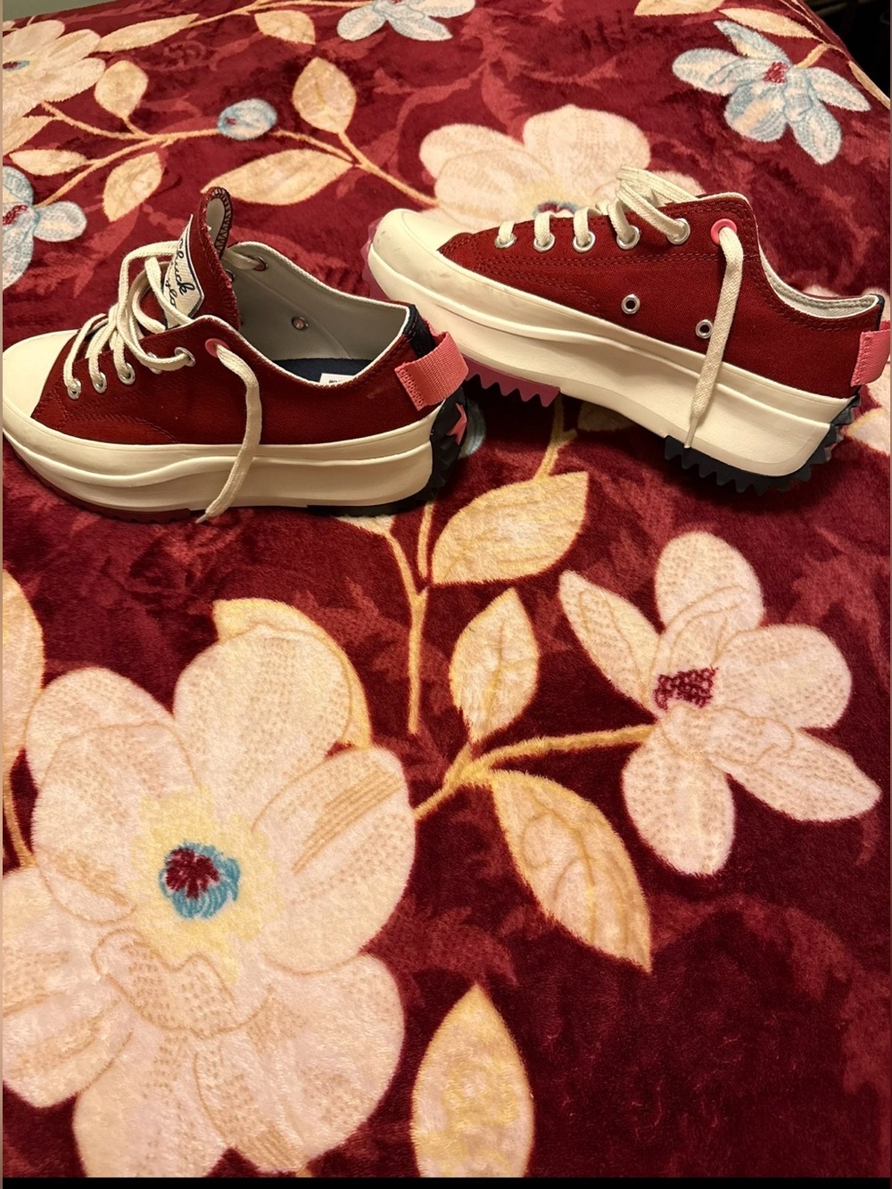Converse Cream Canvas Sneakers with Red Stitching and Pink Insole Accents